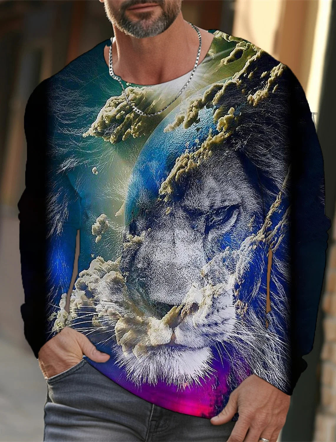 2024 Men's Summer Long Sleeve 3d Printed Wolf Print T-Shirt Tops Men Streetwear Clothing Round Neck Graphic Long Sleeve T-Shirt