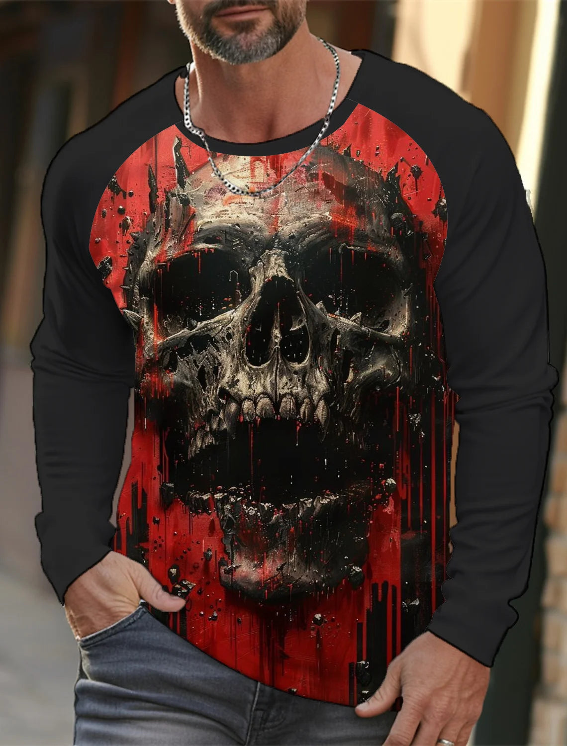 Men's long-sleeved T-shirt 3D printed high-definition skull stitching printing men's autumn tops casual round neck home clothes