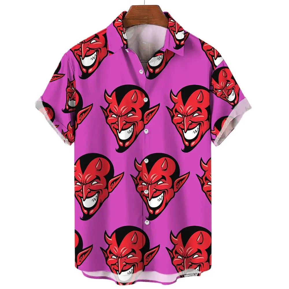 Summer Mens Hawaiian Casual Collar Shirts Short Sleeve Button Skeleton Demon Print Beach Floral Fashion Vintage Clothing XS-5XL