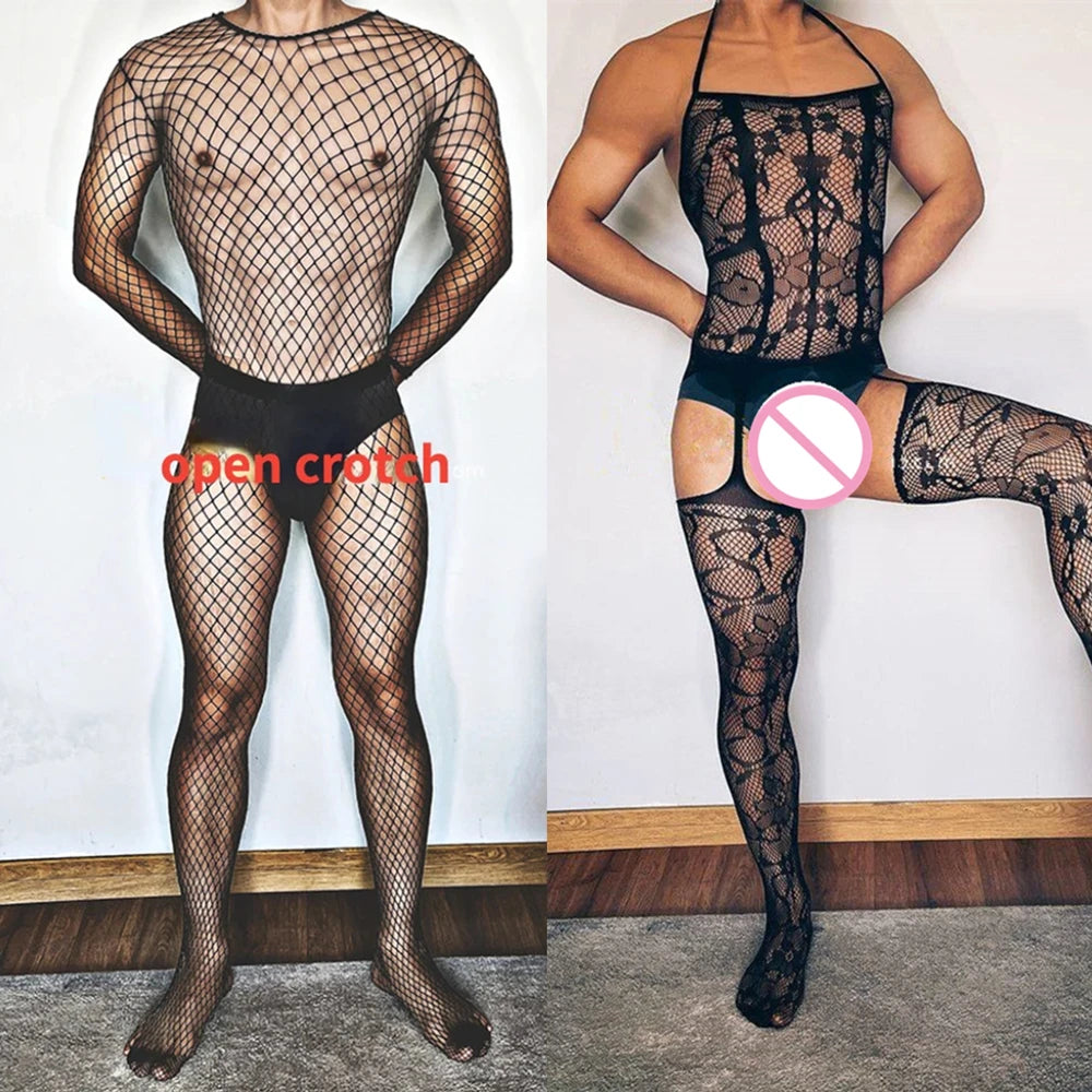 Plus Size Men's Black Sexy Lingerie Fishnet Body Stockings Male Underwear Exotic Lingerie for Man Open Crotch Transparent Tights