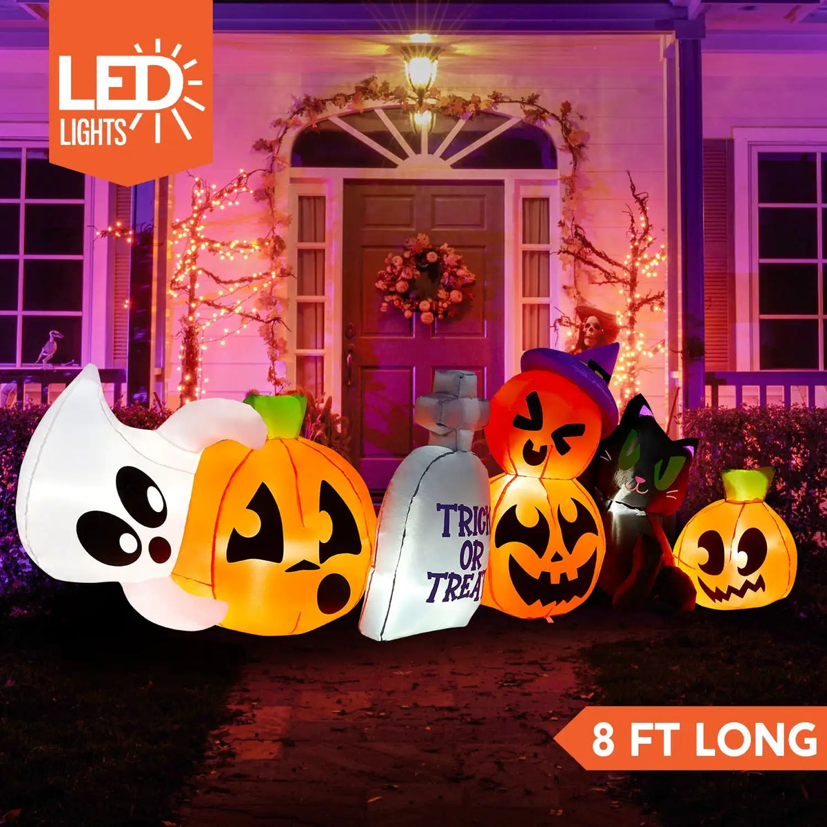 8 ft Long Pumpkin Ghost Cat Halloween Inflatable Decoration