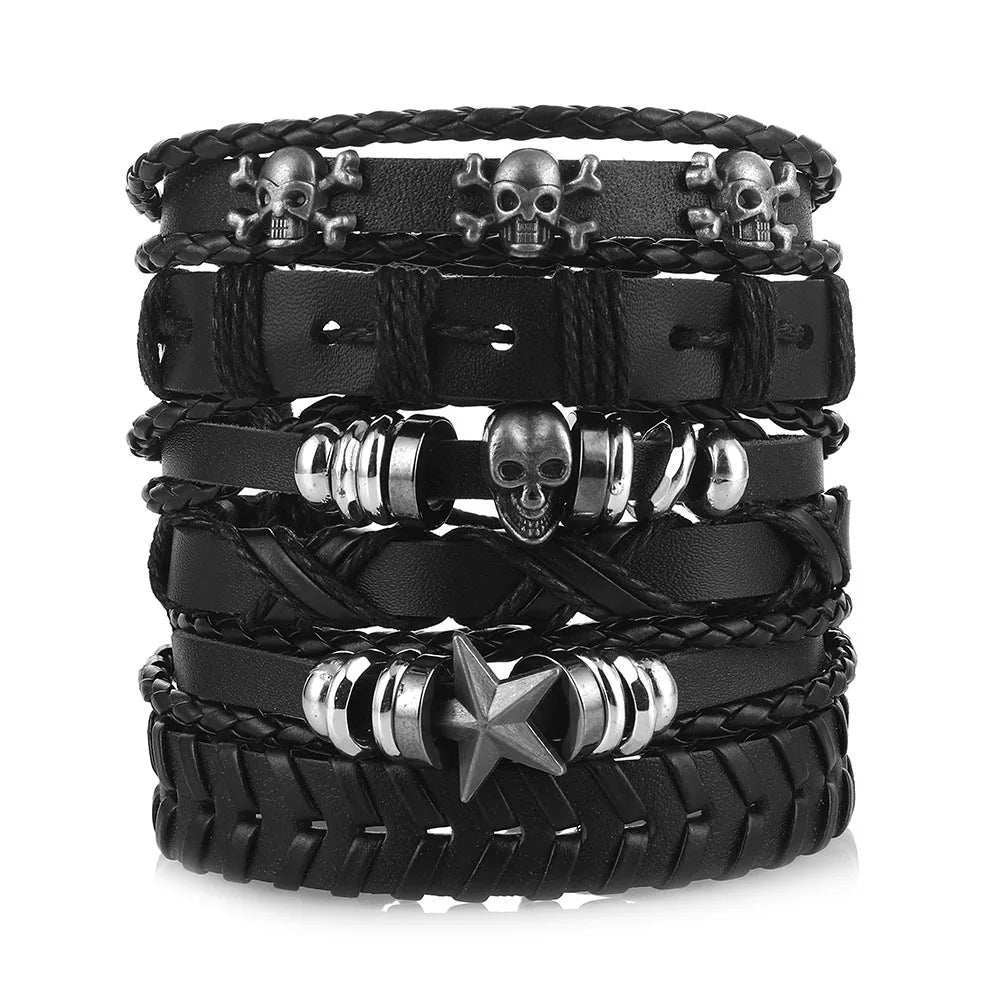 1 Fashion Bracelet Viking Bracelet For Men Hand Bracelets Woven Skull Hand Jewelry Adjustable Leather Set Bracelet For Leather