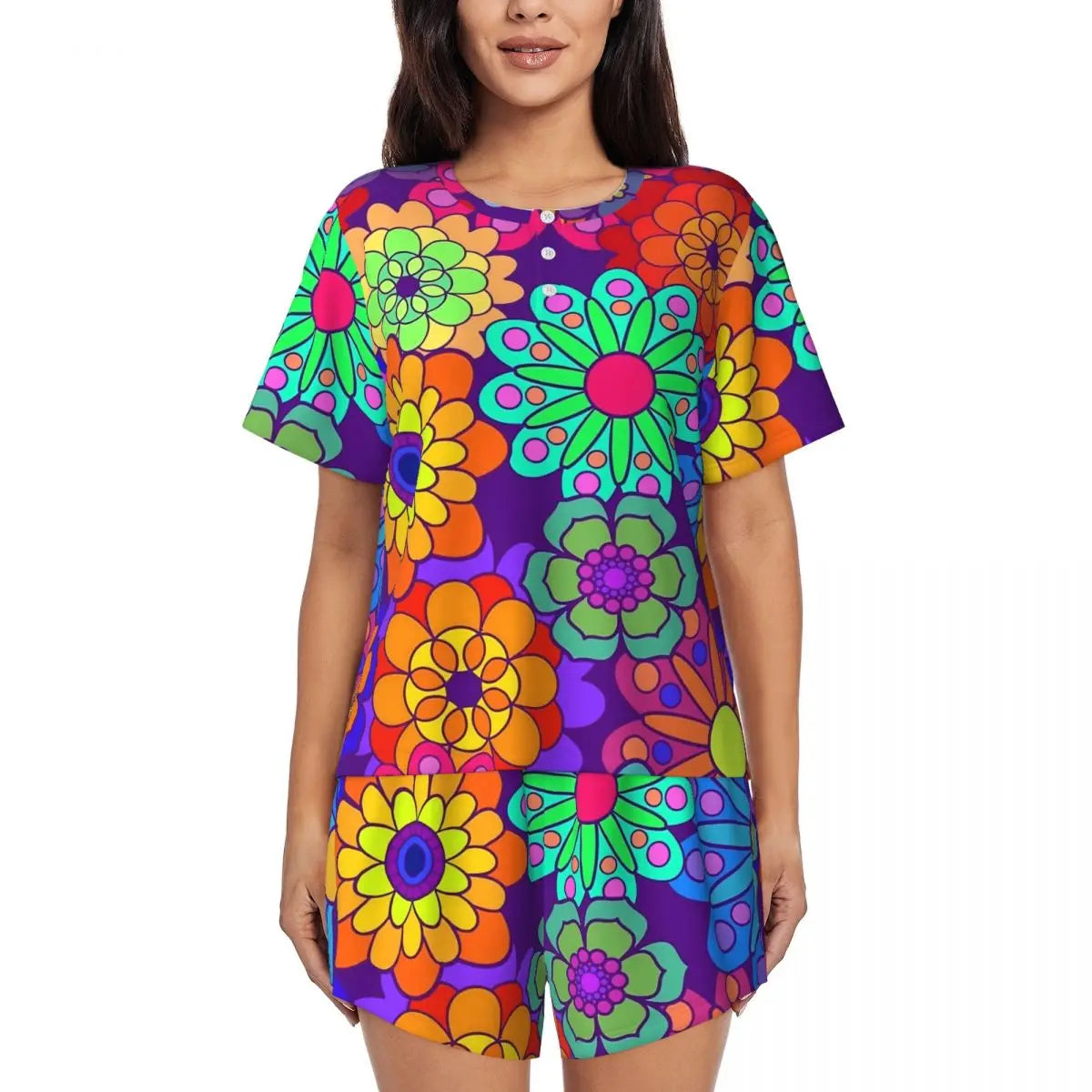 Flower Power Pajamas Spring 2 Pieces Purple Hippie Cute Pajama Sets Lady Short Sleeve O Neck Casual Custom Nightwear