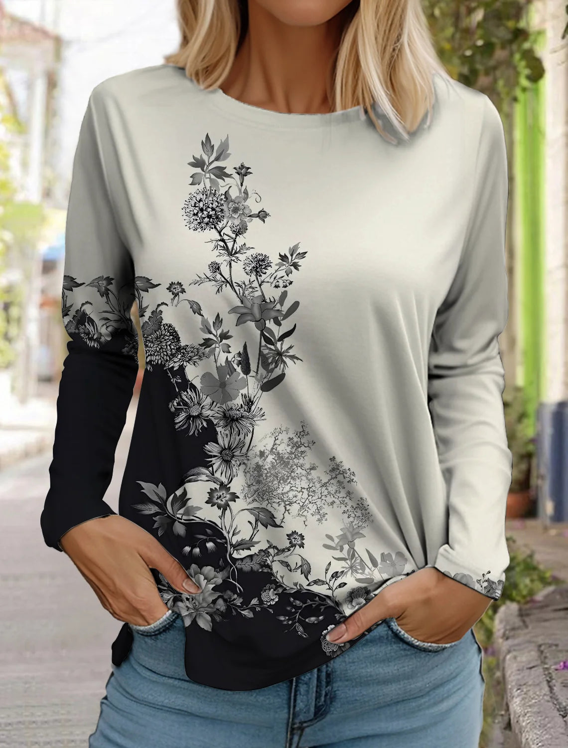 2024 women's fashion retro tops long sleeve round neck pullover casual long sleeve t-shirt new 3d printed lotus print t-shirt
