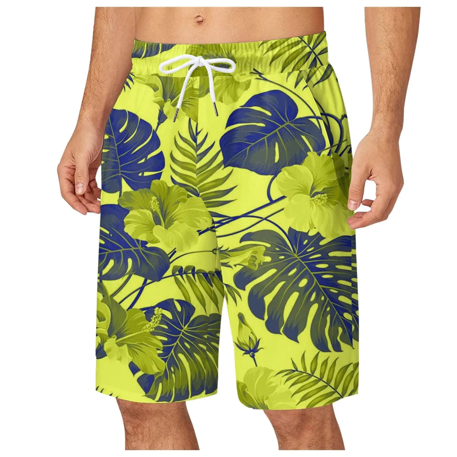 Men's Leaf Printed Sports Shorts Boys Summer Cool Hawaiian 3D Printed Casual Swim Trunks Drawstring Surfboard Shorts
