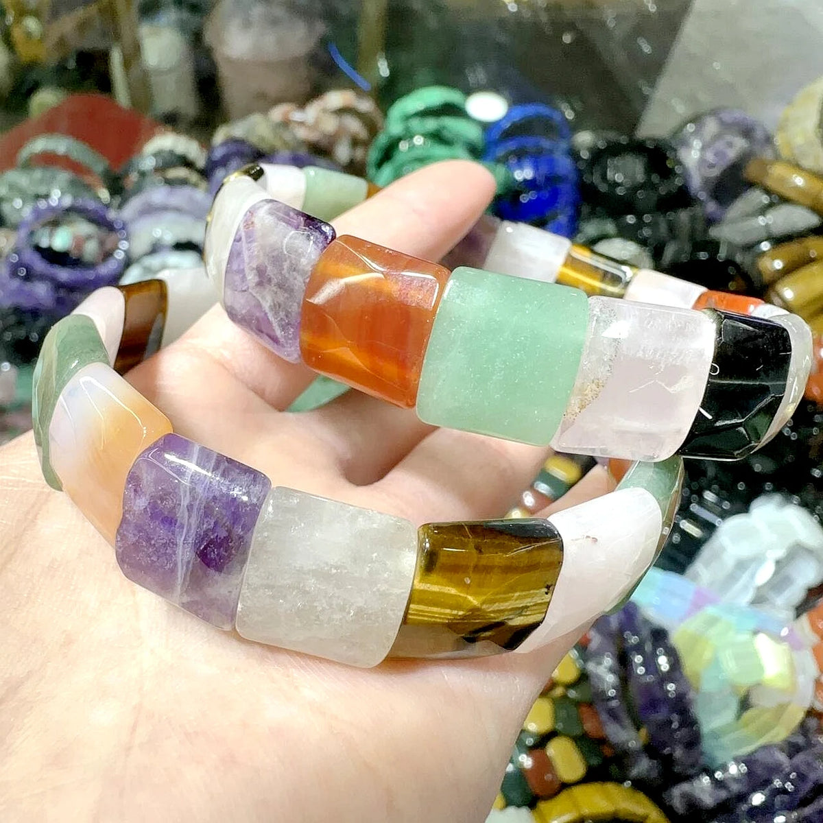 2024 New Natural Stone Lapis Lazuli Amazon Tiger Eye Agate Morgan Faced Square Elastic Bracelet for Men and Women Charm Jewelry