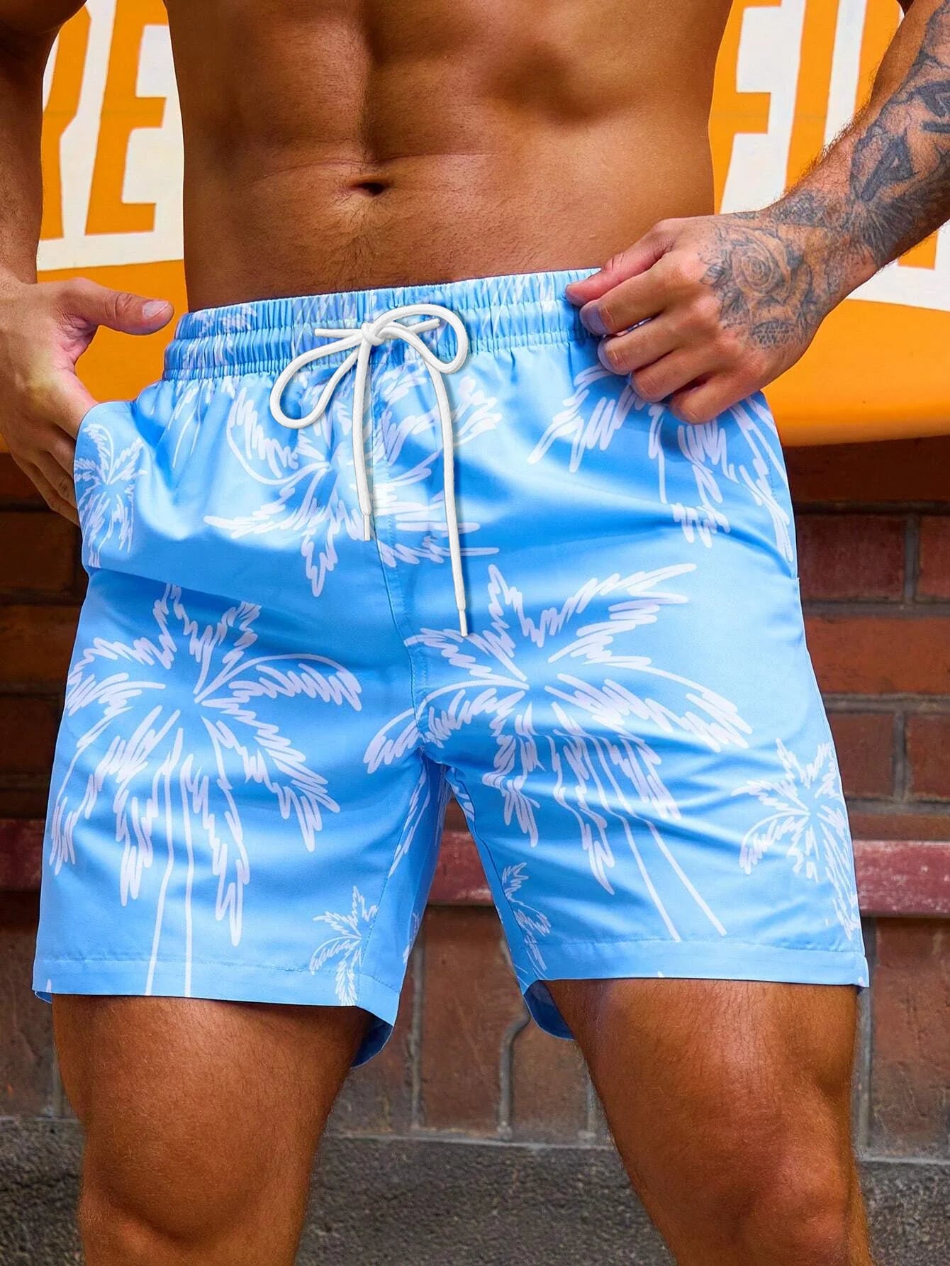 3d Coconut Tree Print Men's Casual And Fashionable Beach Loose Shorts Summer Plus Size HawaiianDrawstringSurfingPolyesterShorts