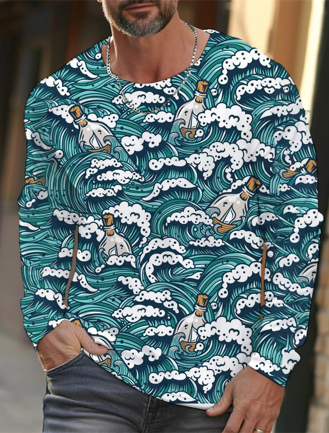 2024 new men's Ukiyoe long-sleeved T-shirt 3D printing high-definition wave cat printing men's autumn casual round neck top