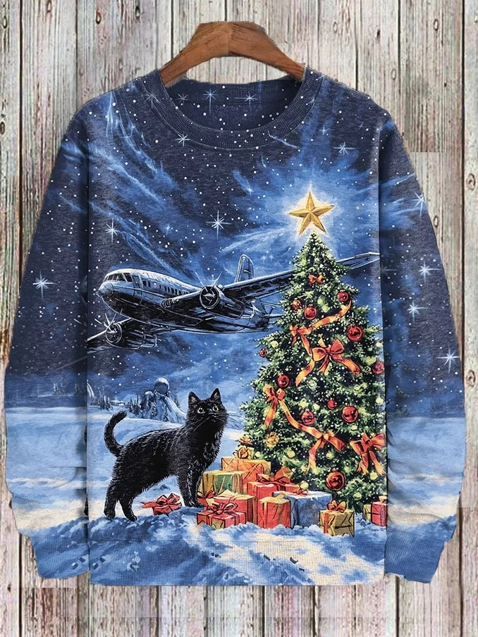 Men's Winter Skiing Animal Kitten Printed Casual Sweatshirt Fashion Round Neck Pullover Sweatshirt Polyester Fabric 2025 New