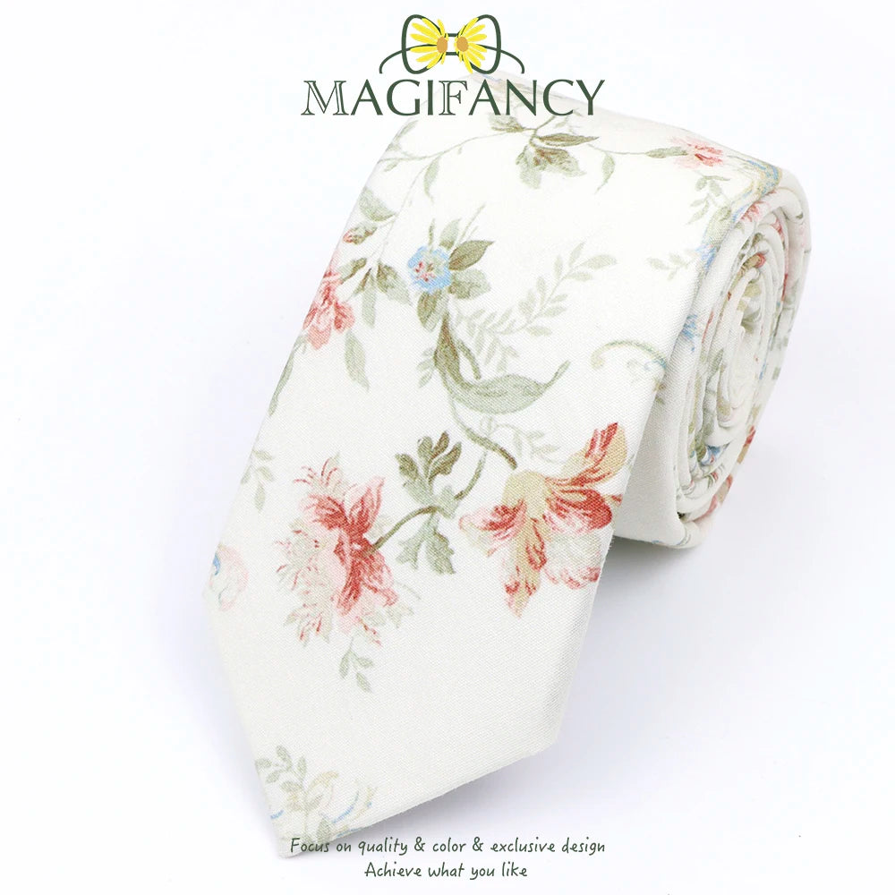 Top Hot Print Floral 6.5cm Necktie 100% Cotton Elegant Beige Sage Pink Men Wedding Party Daily Suit Shirt Cravat Gift Accessory