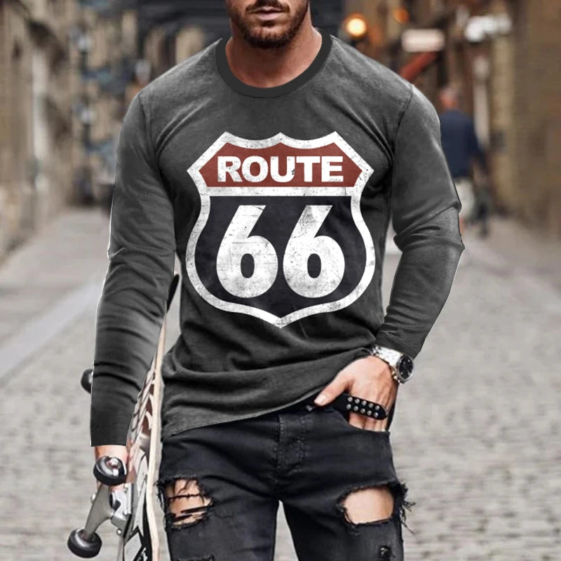 2024 Men's T-shirts Long Sleeve 3d Print Top Casual Cotton Vintage T Shirt Vintage Route 66 Tee Loose Sports O-neck Clothing 5xl