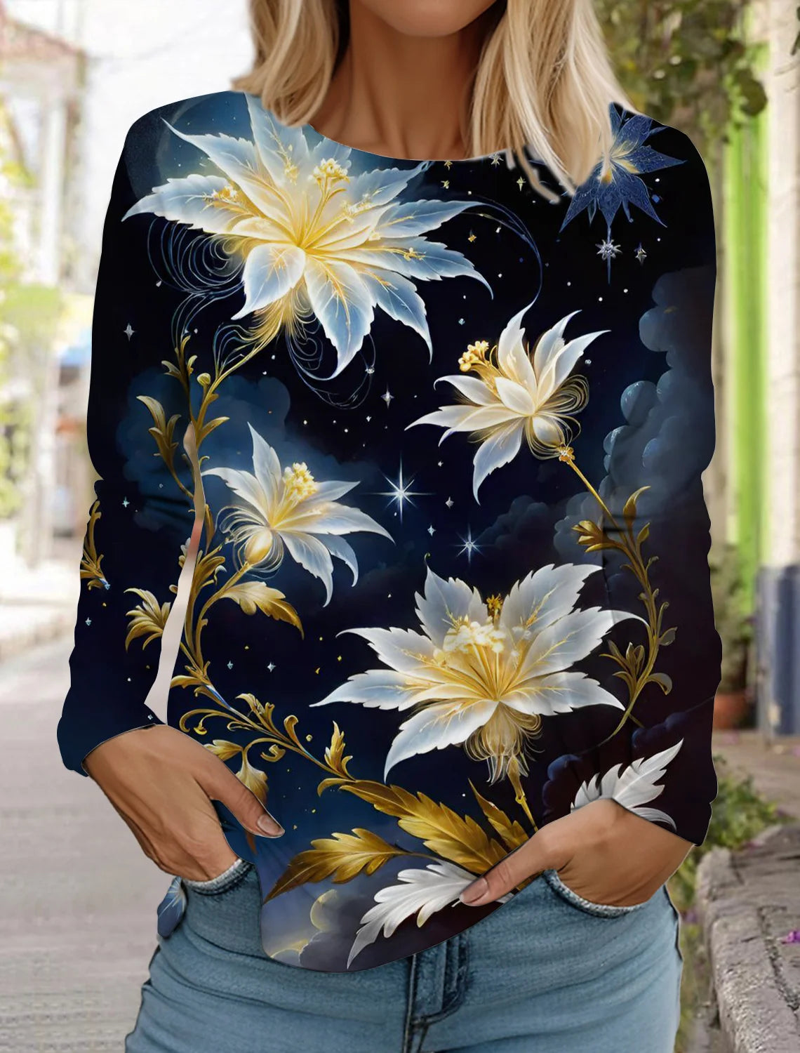 2024 women's fashion retro tops long sleeve round neck pullover casual long sleeve t-shirt new 3d printed lotus print t-shirt