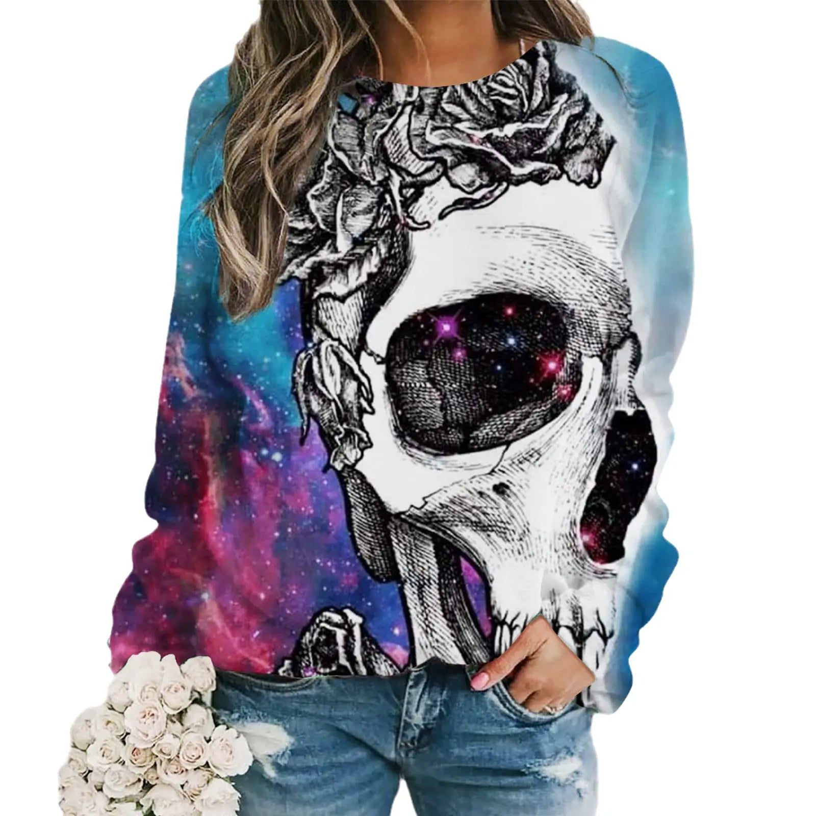 2024 New Women Halloween Crow Printed Casual Sweatshirt Round Neck Casual Basic Loose Fashion Women Designer Style
