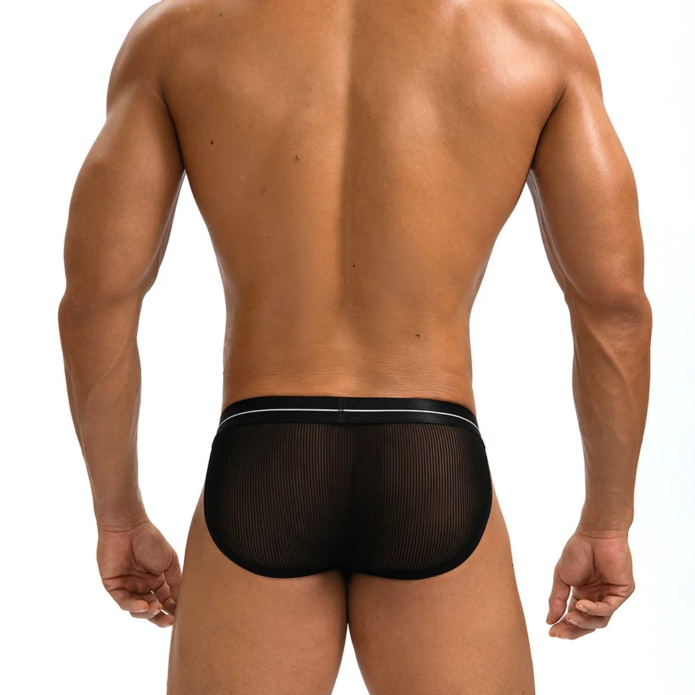 Cross-border men's striped single-layer translucent underwear, thin low-rise ice silk briefs GT407