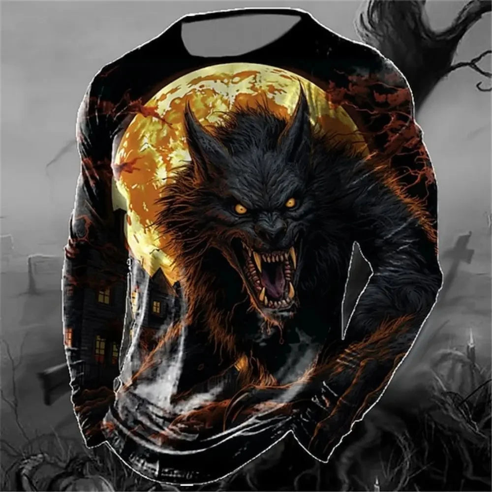 Men's Long Sleeve T-shirt Winter 3D Animal Print T Shirts Street Fashion Wolf Pattern Tops Tees Oversized Men's Clothing