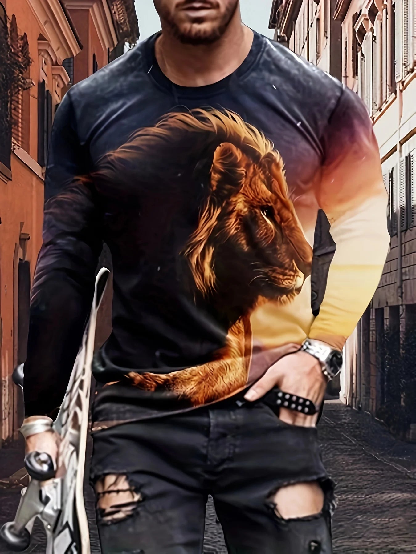 Black and white tiger print men's T-shirt fashion long-sleeved T-shirt casual round neck street top loose pullover autumn