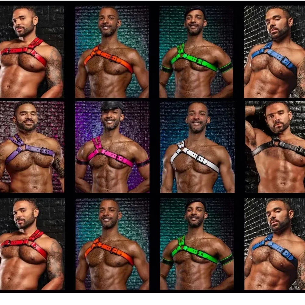 Men's Leather Tri Harness Chest Armor Buckles Adjustable Size Jockstrap Gay Costume.Adjustable Left and Right Shoulders
