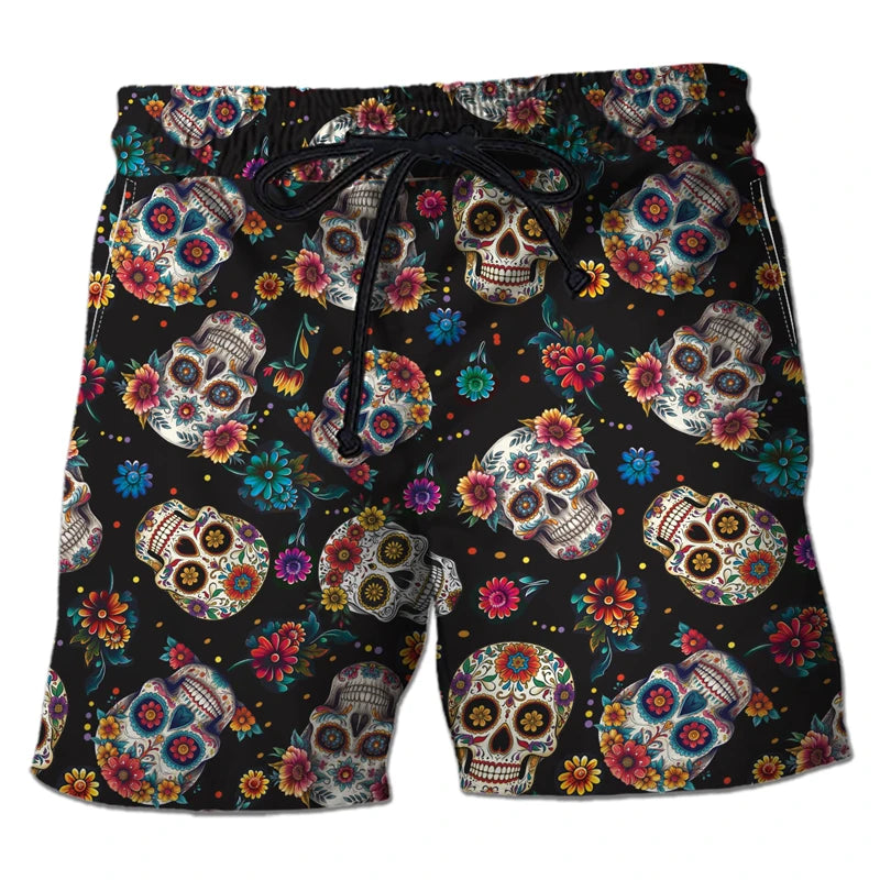 Harajuku Skull Graphic Beach Shorts Hawaiian Male Boardshorts Goth Skeleton Flower Bermudas Hip Hop Short Pants For Men Trousers