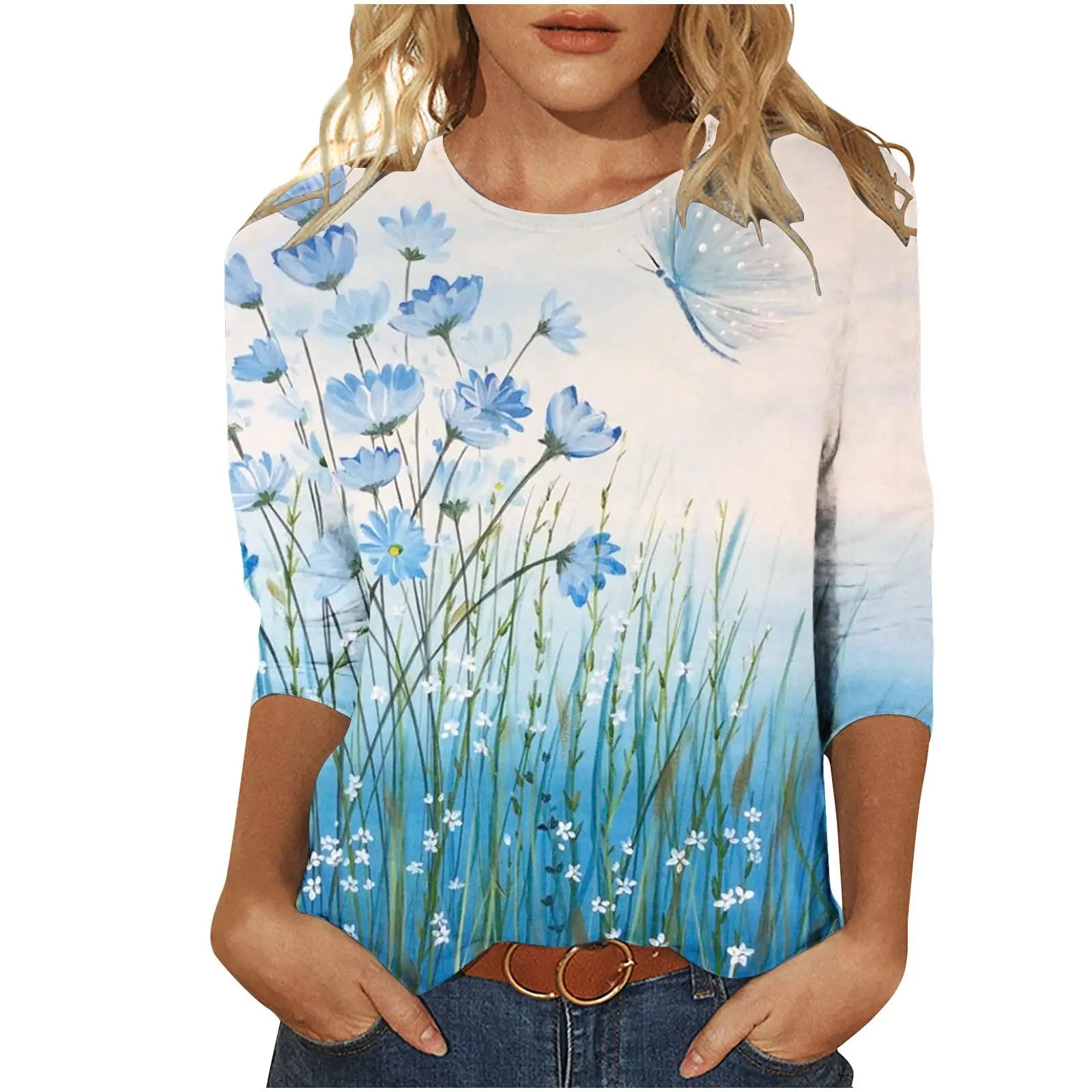2025 New Women's Flower Fashion Print Long Sleeve T-shirt Sports Leisure Cute Polyester Ultra-thin Round Neck Long Sleeve