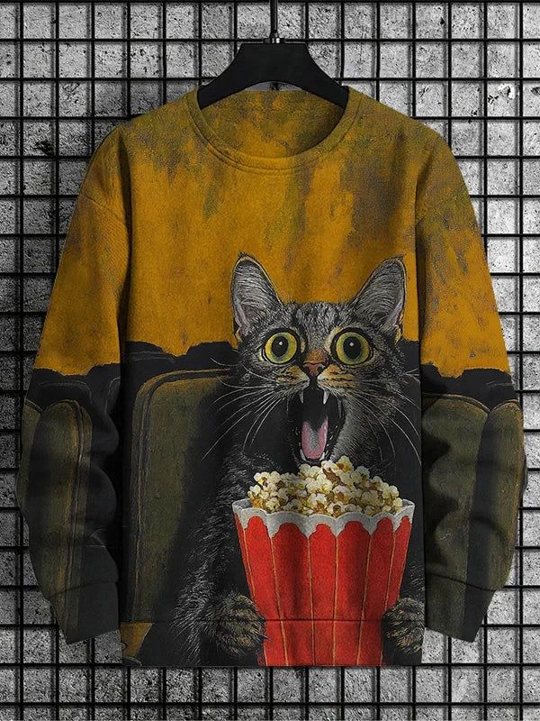Men's Retro Animal Kitten Printed Casual Sweatshirt Fashion Round Neck Pullover Sweatshirt Polyester Fabric 2025 New