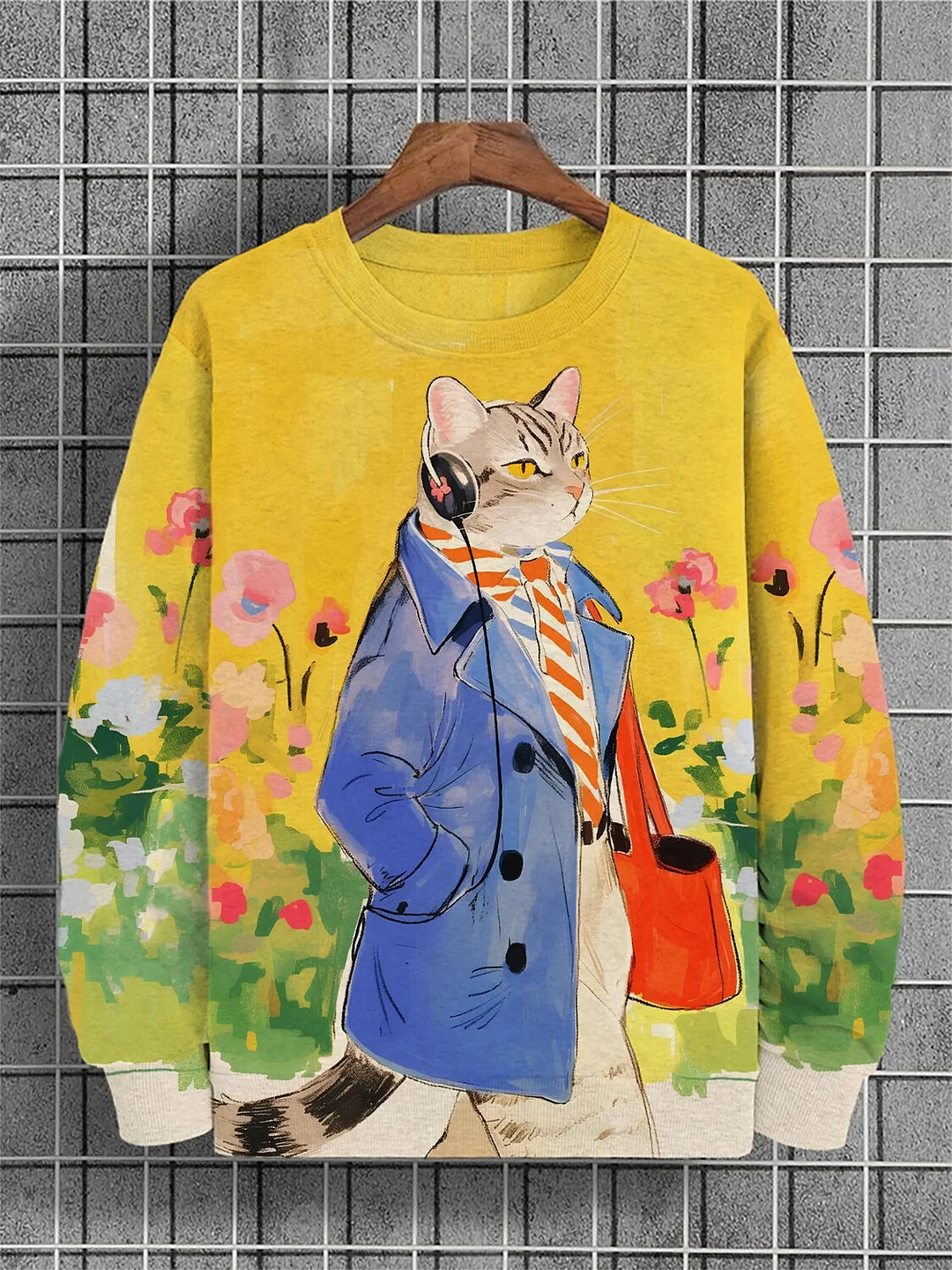 Men's Winter Skiing Animal Kitten Printed Casual Sweatshirt Fashion Round Neck Pullover Sweatshirt Polyester Fabric 2025 New