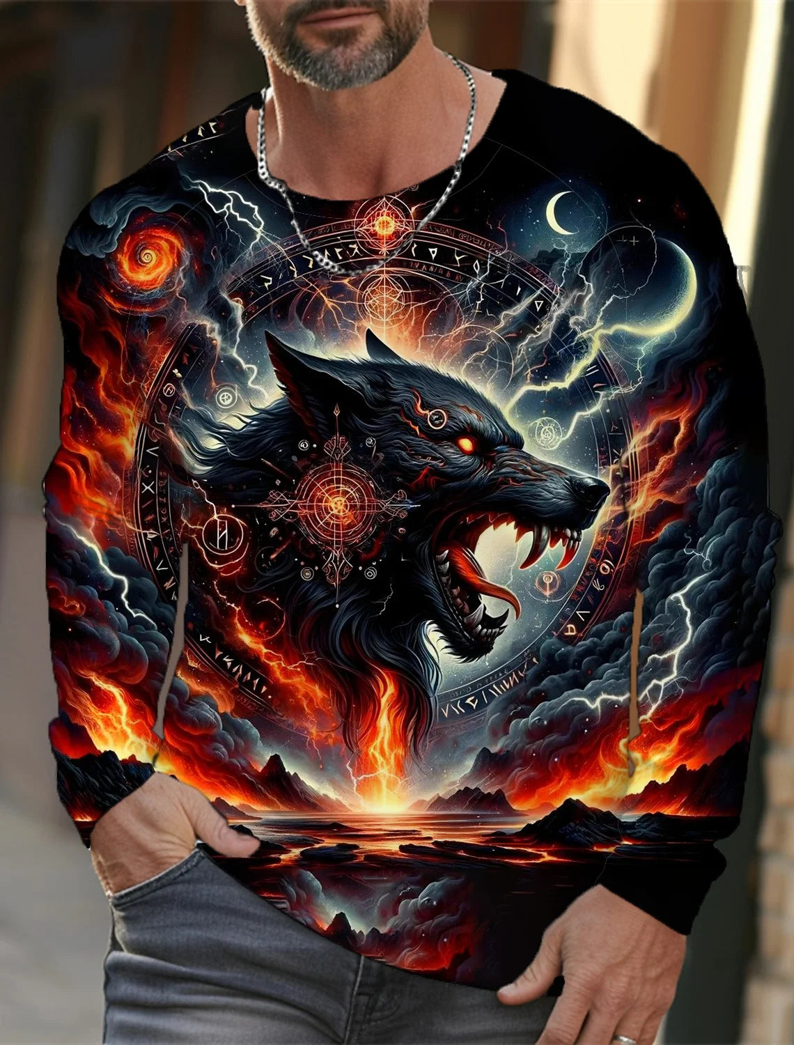2024 Men's Summer Long Sleeve 3d Printed Wolf Print T-Shirt Tops Men Streetwear Clothing Round Neck Graphic Long Sleeve T-Shirt