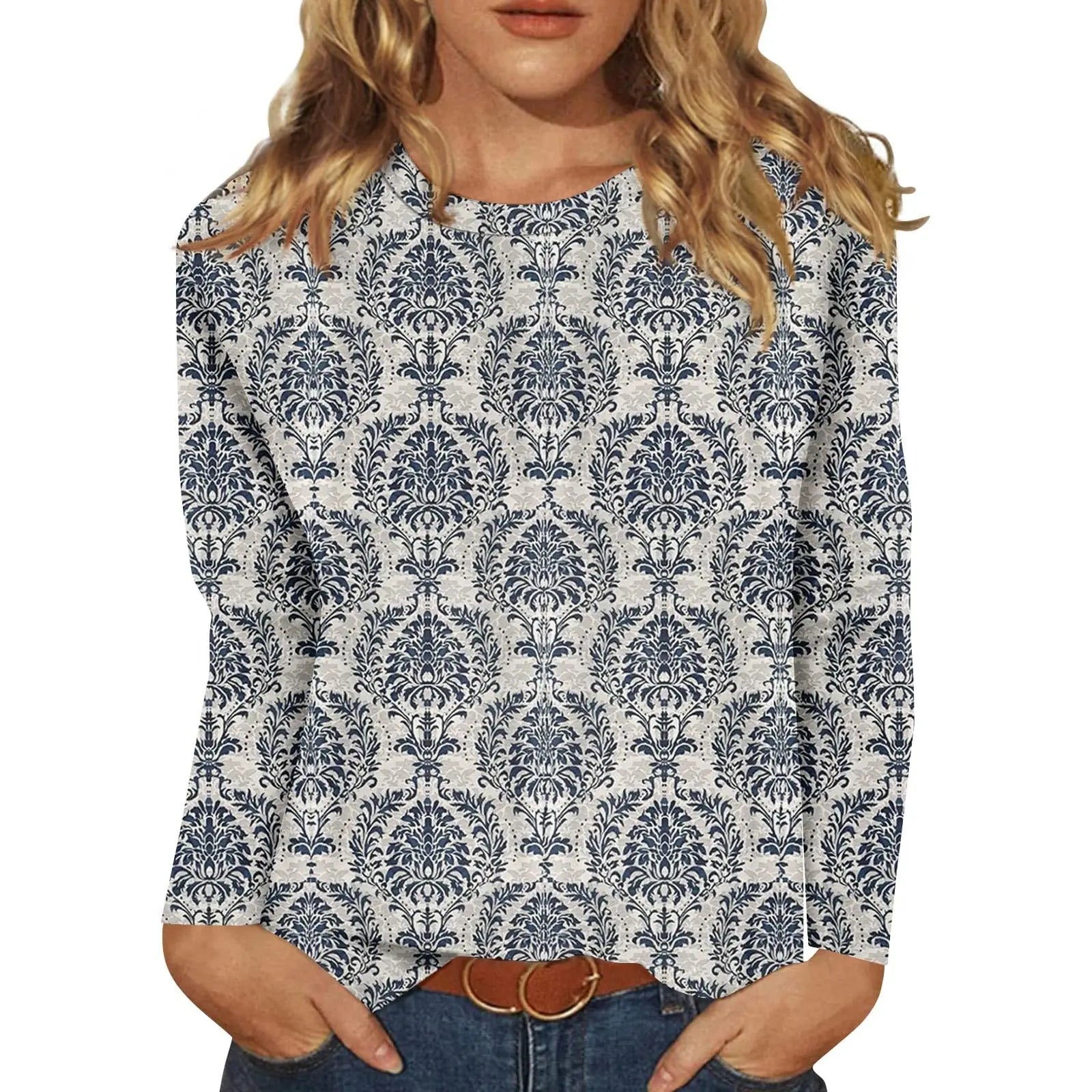 2025 New Women's Flower Fashion Print Long Sleeve T-shirt Sports Leisure Cute Polyester Ultra-thin Round Neck Long Sleeve