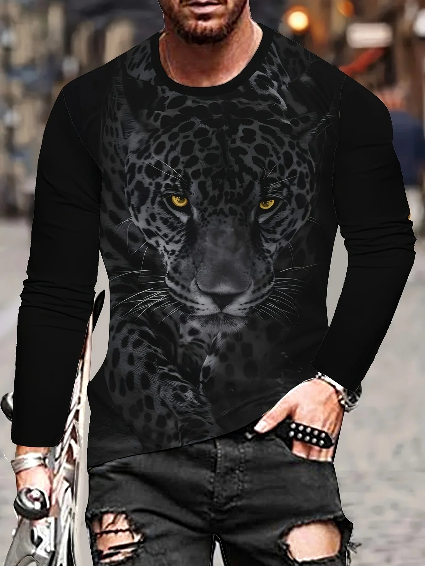 Black and white tiger print men's T-shirt fashion long-sleeved T-shirt casual round neck street top loose pullover autumn
