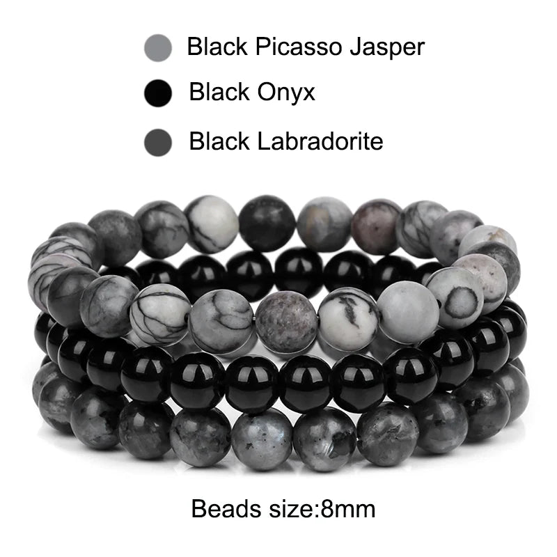 3Pcs/set 8mm Natural Stone Beads Bracelet Set Pink Zebra Rhodonite Moonstone Agates Hematite Bracelets For Women Men Jewelry