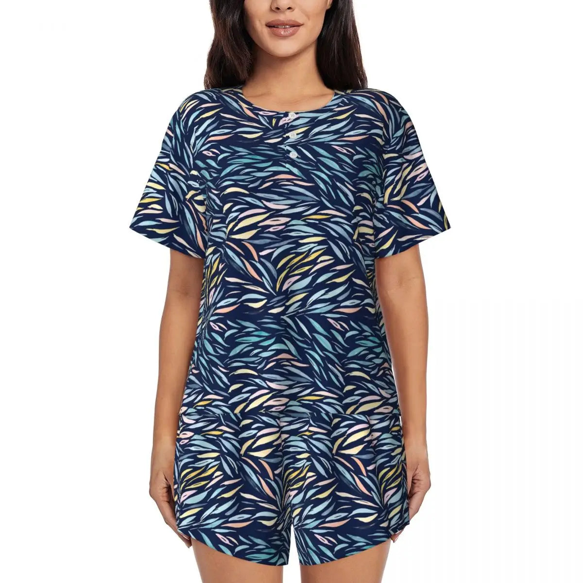 Green Leaf Print Pajamas Short Sleeve Lush Foliage 2 Pieces Leisure Pajama Sets Daily Woman O Neck Vintage Nightwear
