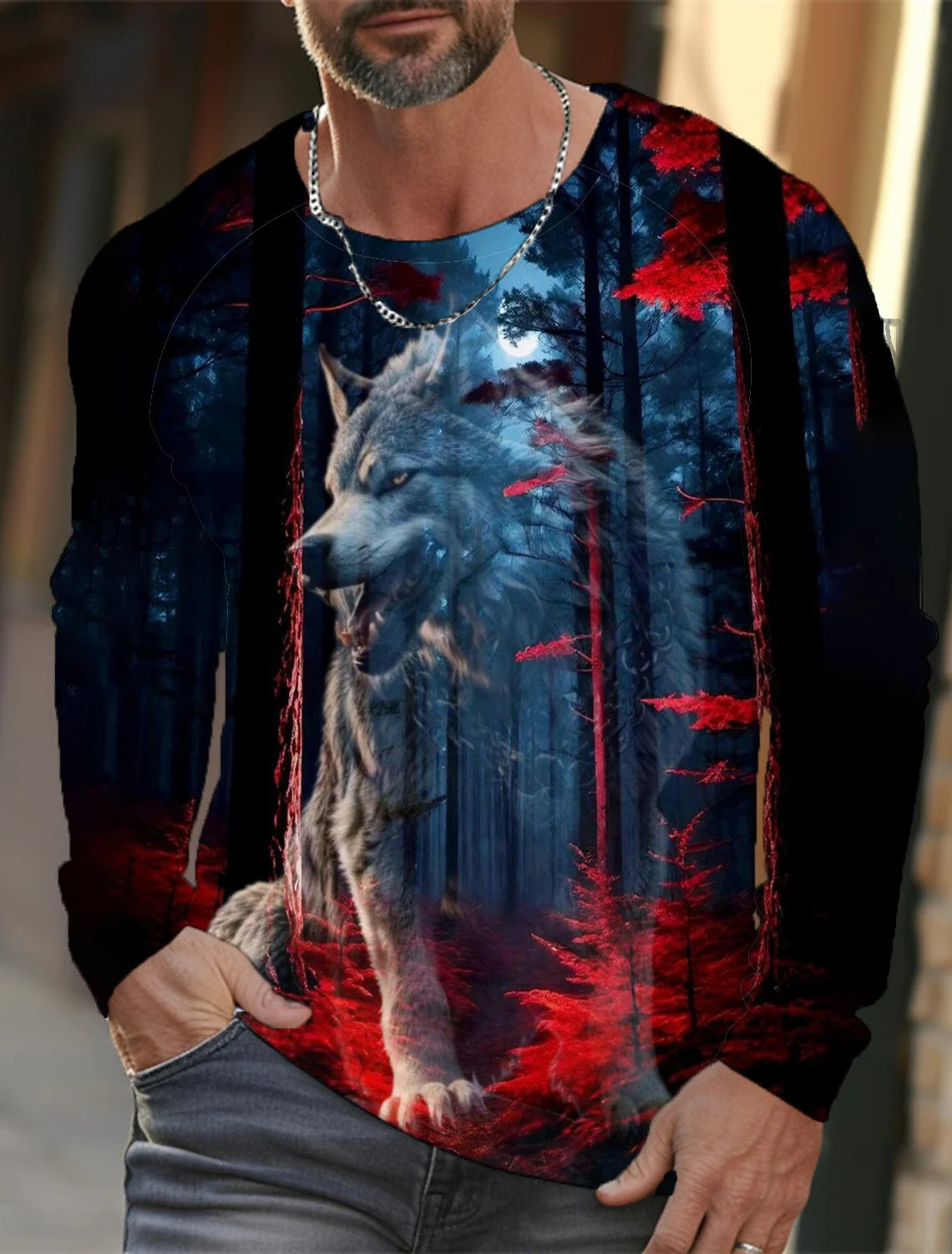 2024 Men's Summer Long Sleeve 3d Printed Wolf Print T-Shirt Tops Men Streetwear Clothing Round Neck Graphic Long Sleeve T-Shirt