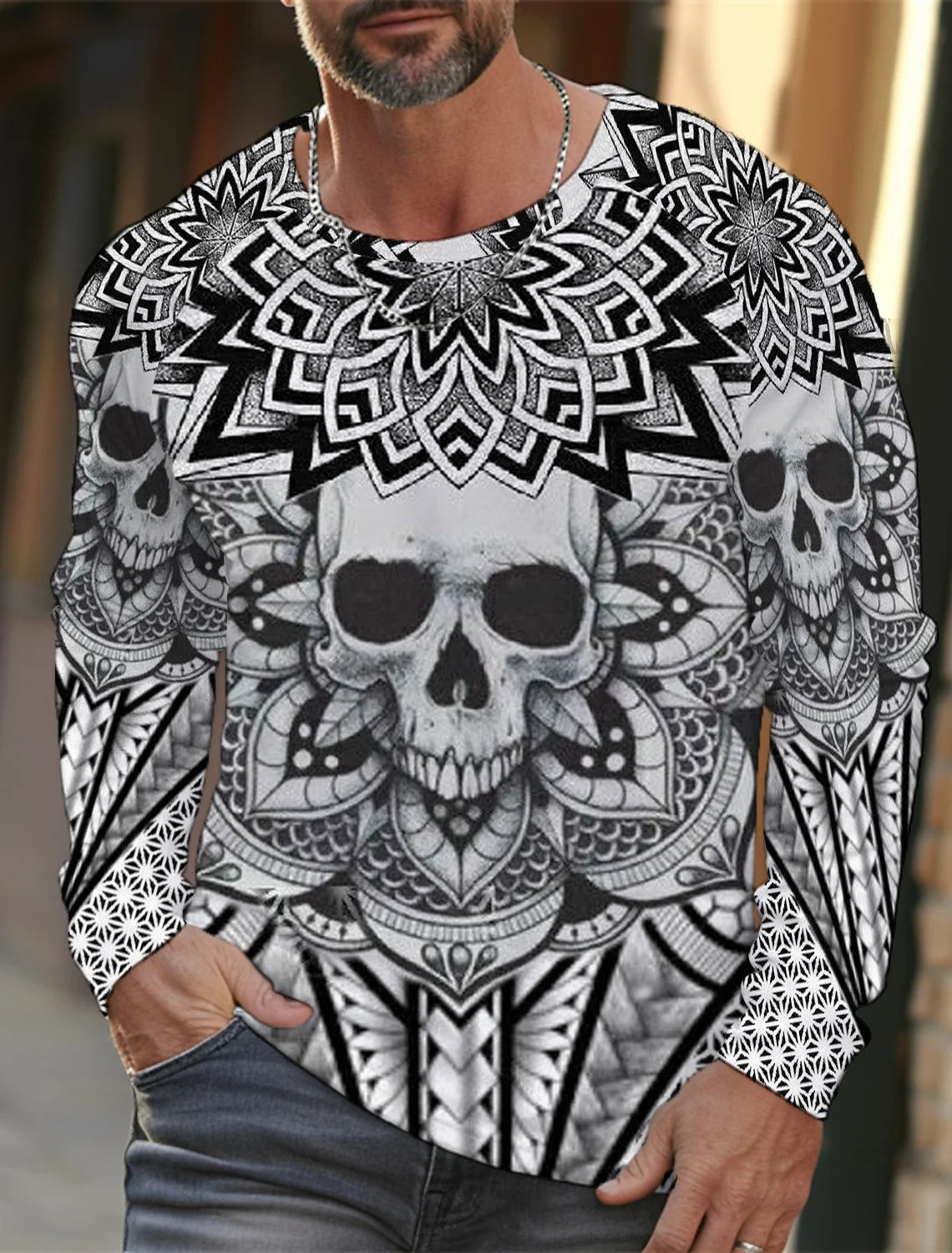 Men's long-sleeved T-shirt 3D printed high-definition skull stitching printing men's autumn tops casual round neck home clothes