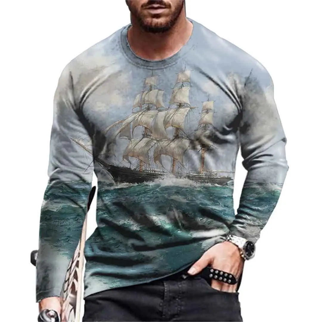 Vintage Men's Long Sleeve T Shirt 3D Navigation Sailing Ship Print Shirt Graphic T Shirt Clothing Sleeve Tops Men Streetwear