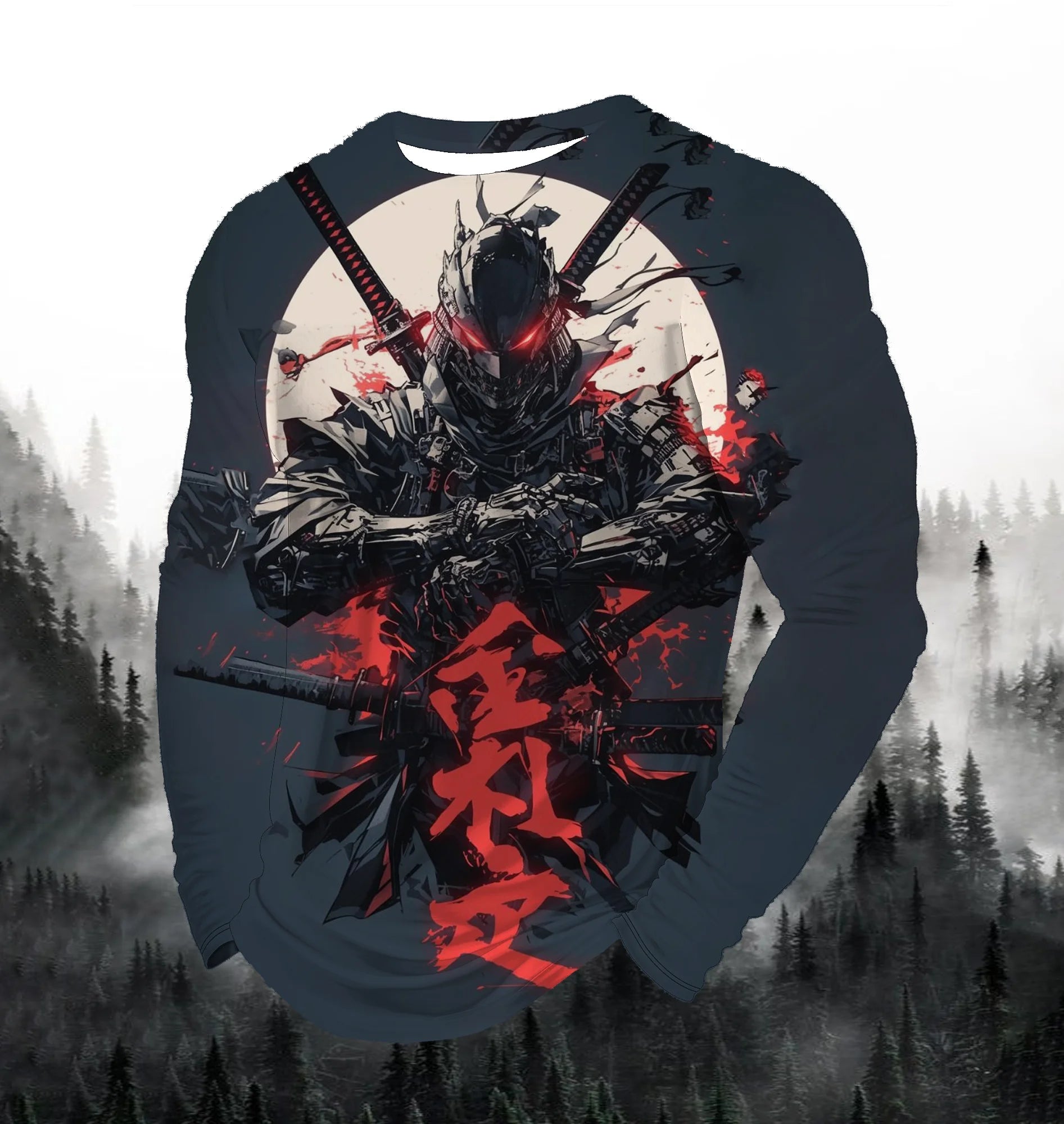 2024 Men's Fashion Printed Round Neck Long Sleeve Autumn Sports Leisure Pullover Men's 3D Japanese Samurai Printed Loose Tops