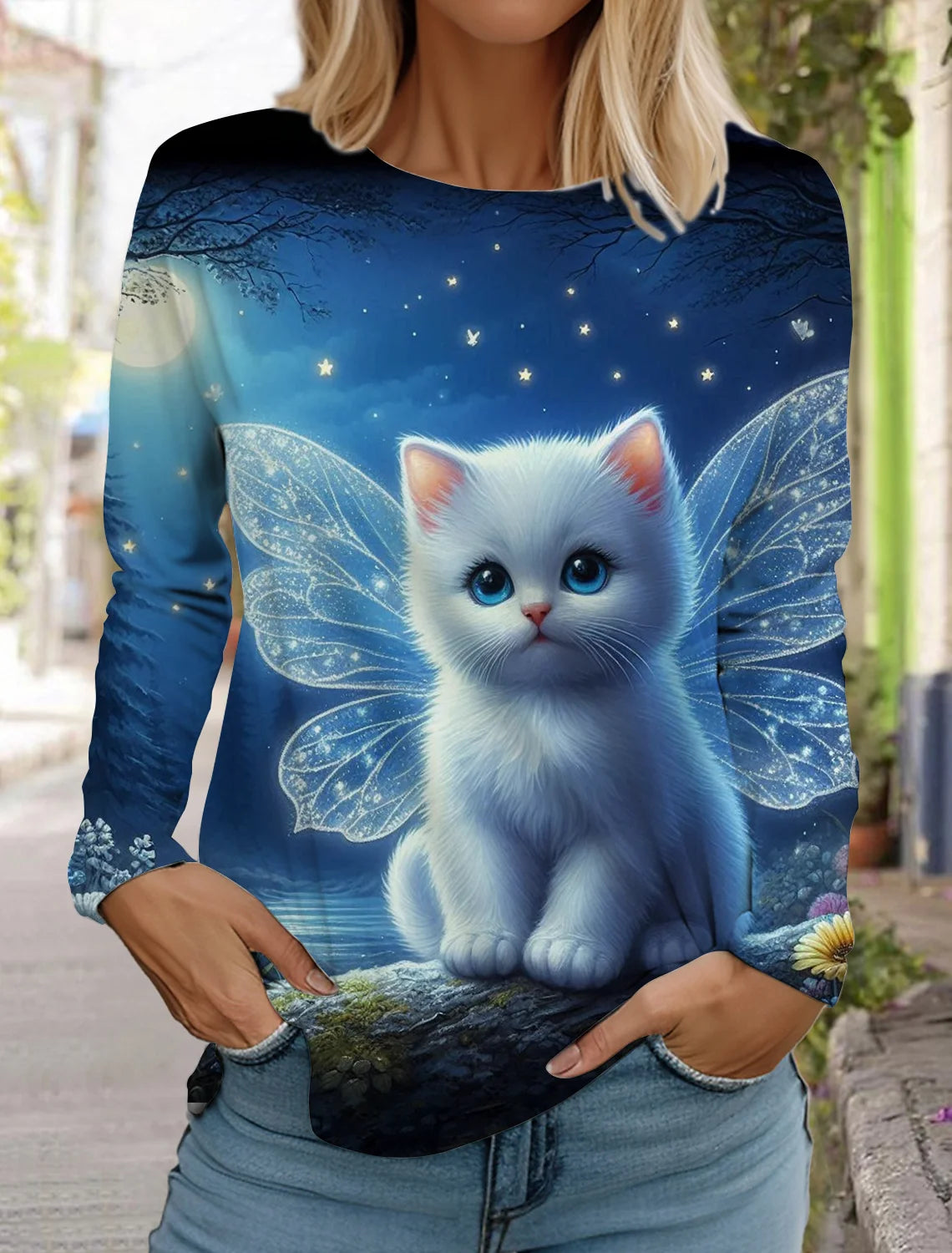 2024 Autumn and Winter Women's Long Sleeve 3D Printed Kitten Cute Print T-Shirt Women's Streetwear Round Neck Long Sleeve