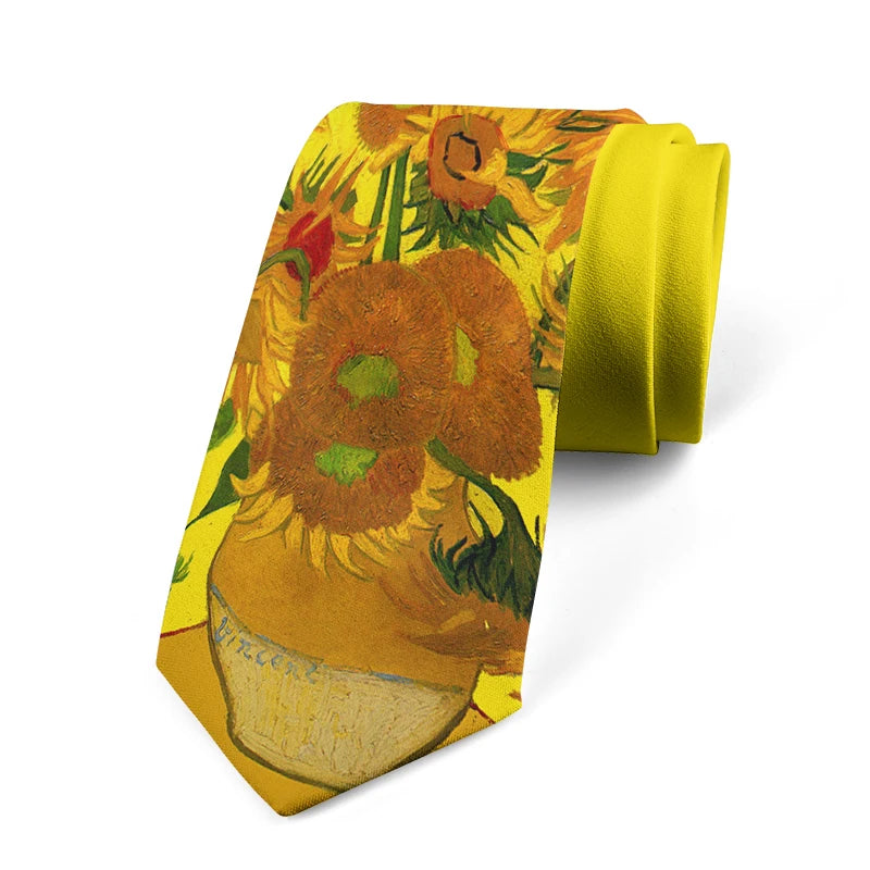 Retro art oil painting floral print tie fashion business wedding casual party tie unisex polyester tie shirt accessories