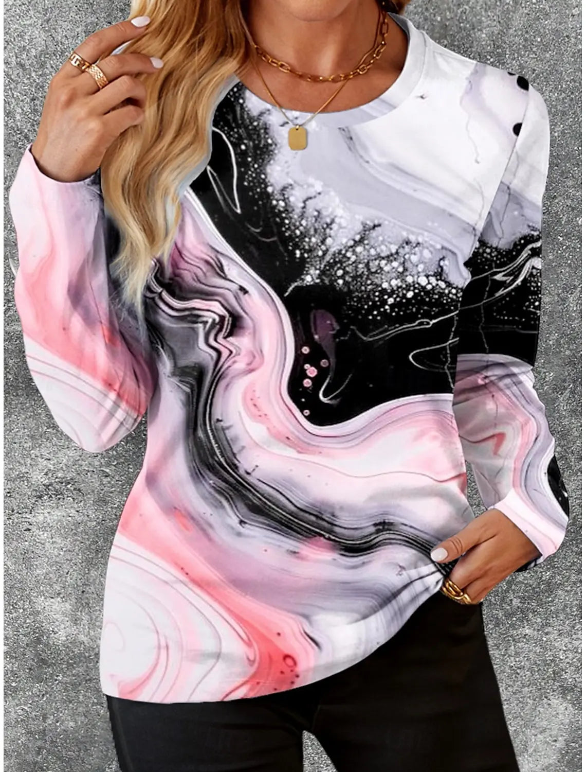 Gradient Stripe Printed Pullover Autumn and Winter Casual Long Sleeve Round Neck Sweatshirt Plaid Pattern Women's Clothing