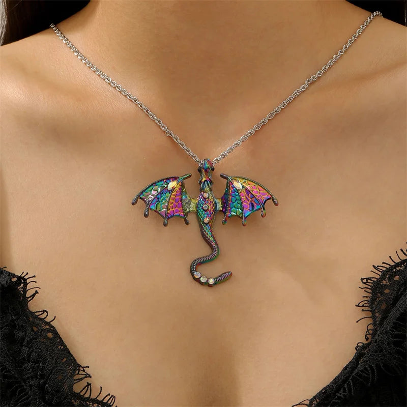 Gothic Colorful Flying Dragon Necklace for Woman Man Punk Jewelry Goth Pendants Necklaces Enamel Fly Dragon Collar collares