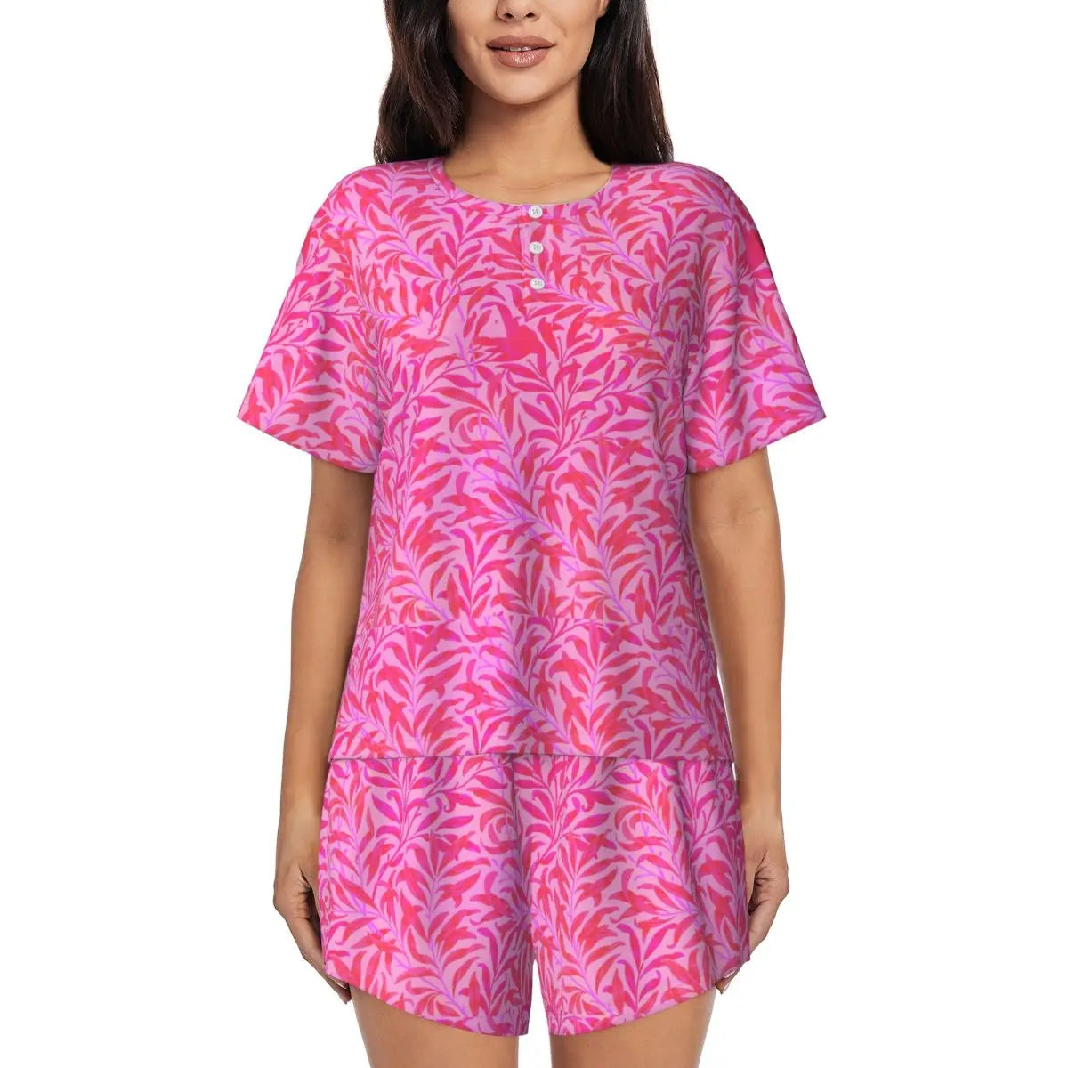 Green Leaf Print Pajamas Short Sleeve Lush Foliage 2 Pieces Leisure Pajama Sets Daily Woman O Neck Vintage Nightwear