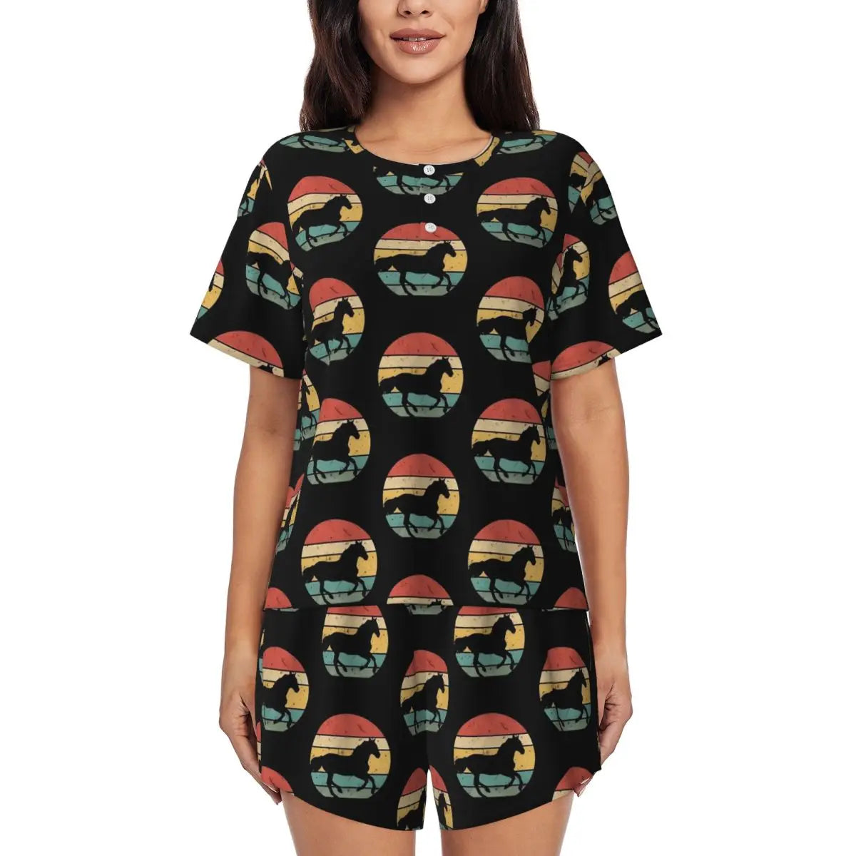 Horse Race Pajamas Summer 2 Pieces 1930s Classic Art Cute Pajama Sets Womens Short-Sleeve O Neck Night Pattern Sleepwear