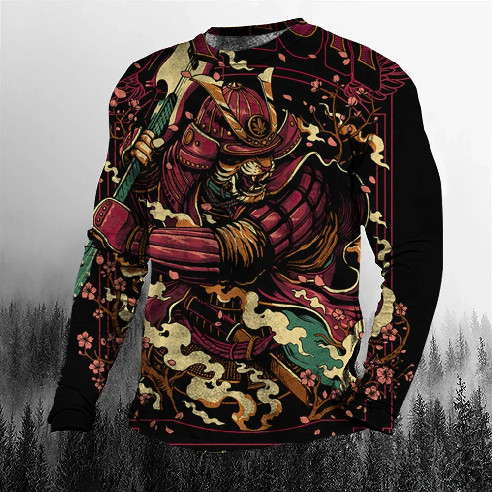 2024 Fall Cool Vintage Samurai 3D Printed Men's T-shirt O-Neck Casual Men's Clothing Oversized Cartoon Long Sleeve Tops