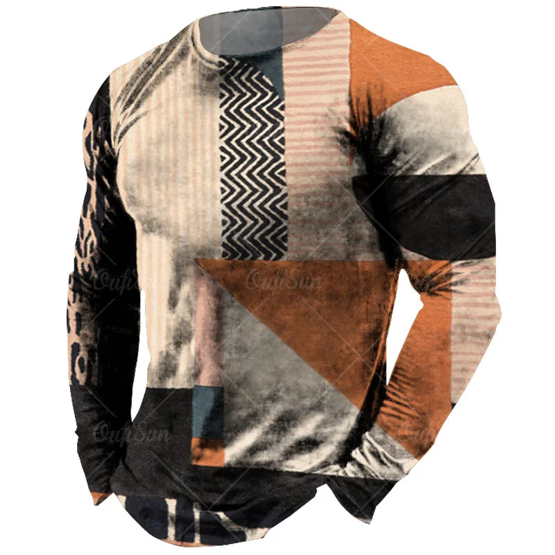 Vintage Men's Long Sleeve T-shirt Tops Plaid Print Autumn Oversized Sweatshirt Male O-neck Casual Daily Streetwear Men Clothing