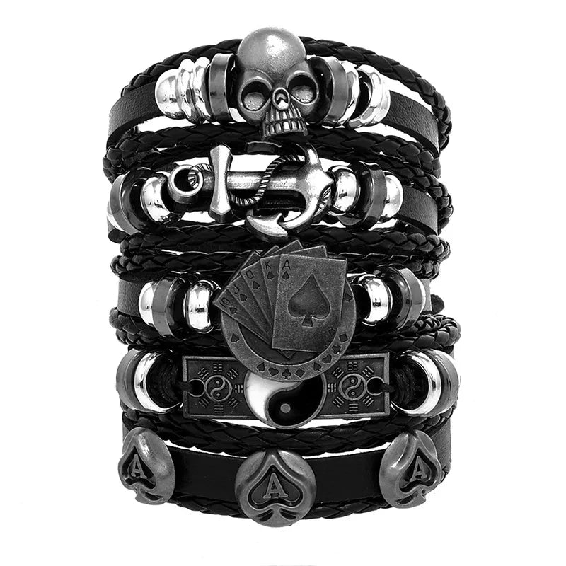 1 Fashion Bracelet Viking Bracelet For Men Hand Bracelets Woven Skull Hand Jewelry Adjustable Leather Set Bracelet For Leather