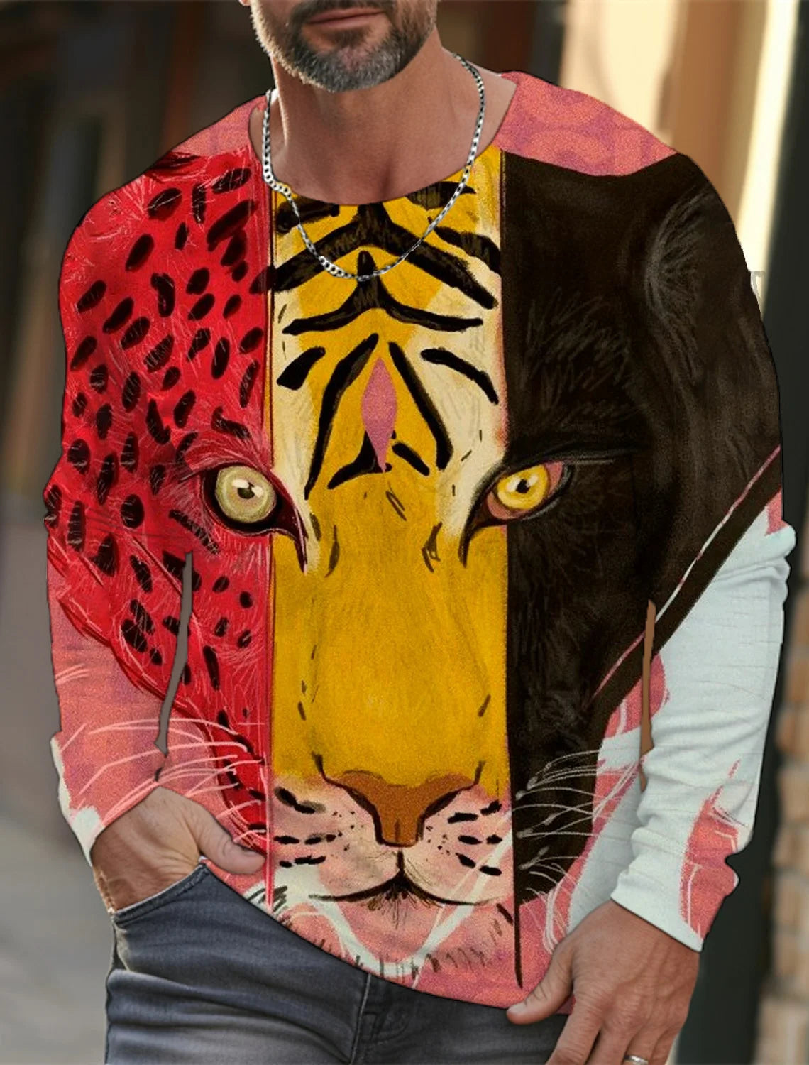 Men's long-sleeved T-shirt 3D printing HD leopard print men's long-sleeved T-shirt autumn tops casual round neck home clothes