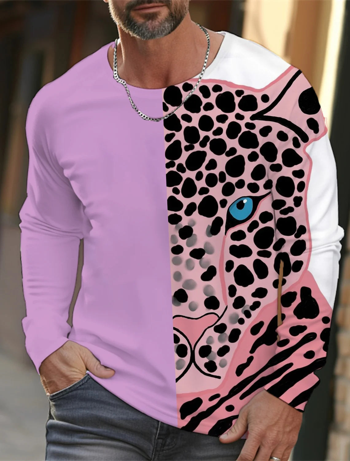 Men's long-sleeved T-shirt 3D printing HD leopard print men's long-sleeved T-shirt autumn tops casual round neck home clothes