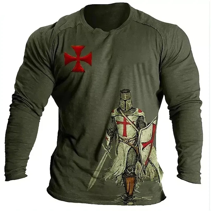Templar Knight Print Retro Fashion Casual Men's Round Neck Long Sleeve Street Hip Hop Extra Large Speed Drying Wearing T-shirt