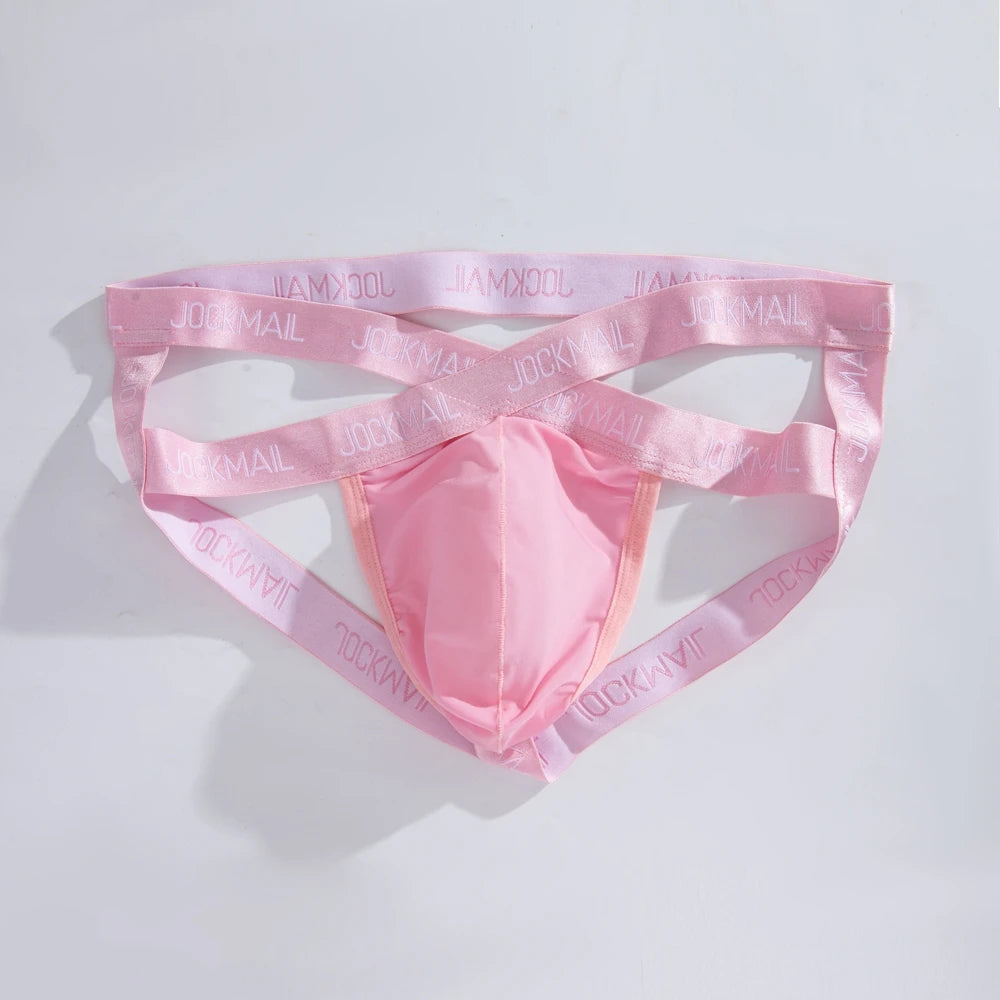 Men Jockstrap Briefs Panties V-shaped Low Waist Sexy Transparent Ice Silk Gay Underwear Sissy Thong Hip Lifting Straps Harness