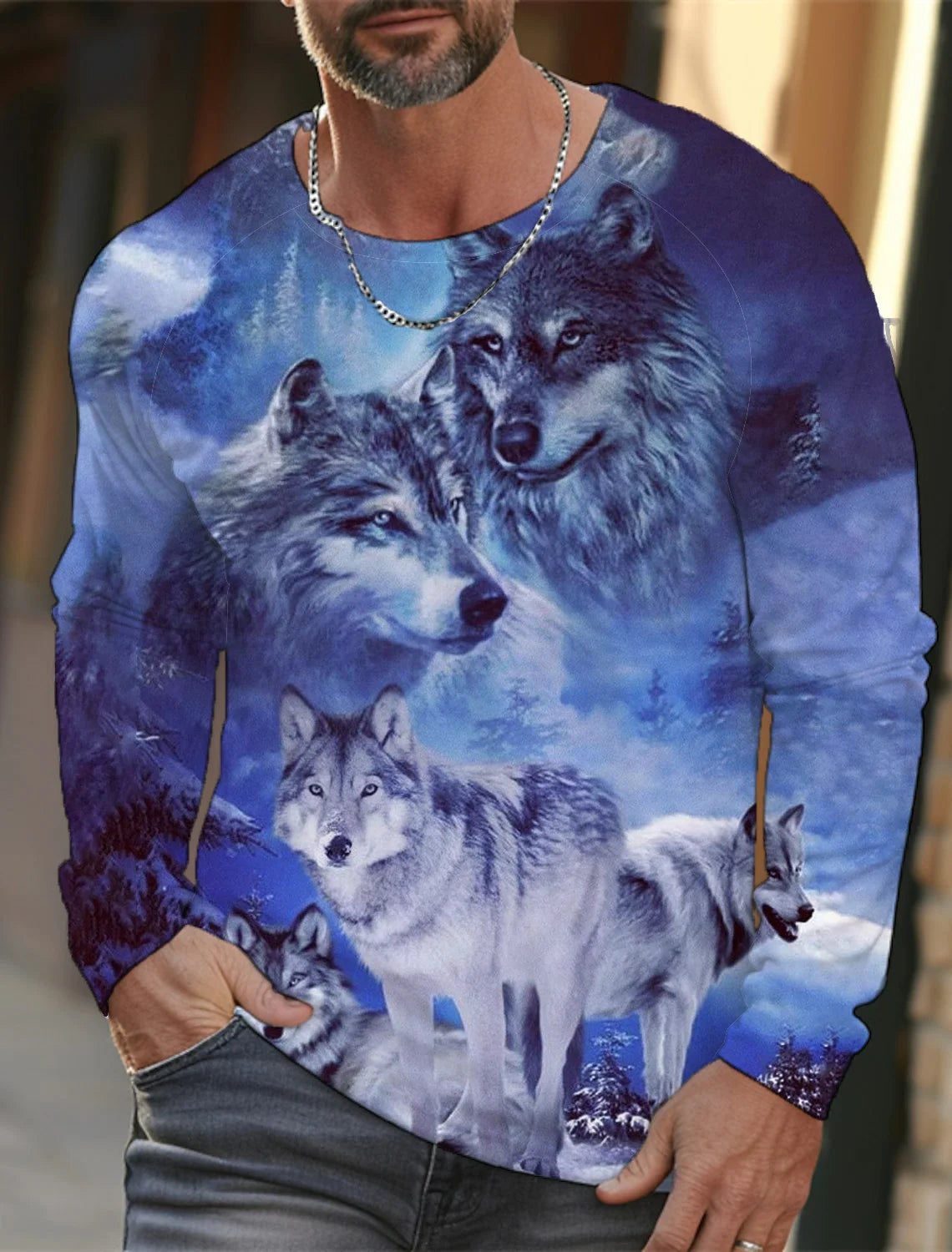 2024 Men's Summer Long Sleeve 3d Printed Wolf Print T-Shirt Tops Men Streetwear Clothing Round Neck Graphic Long Sleeve T-Shirt