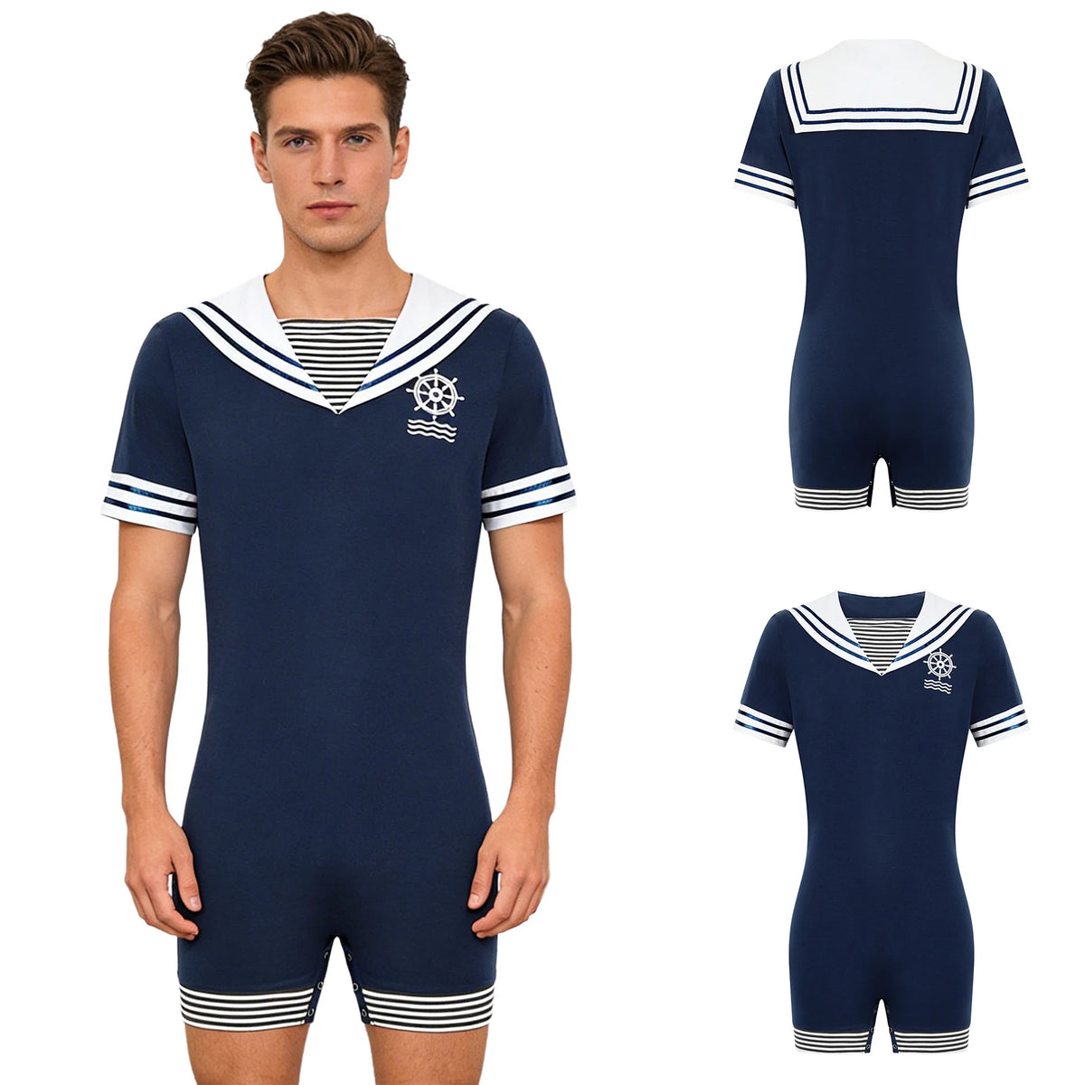 Men Sailor Style Pajamas Bodysuit Navy Collar Short Sleeve Button Crotch Romper Homewear Sleepwear Theme Party Cosplay Costume
