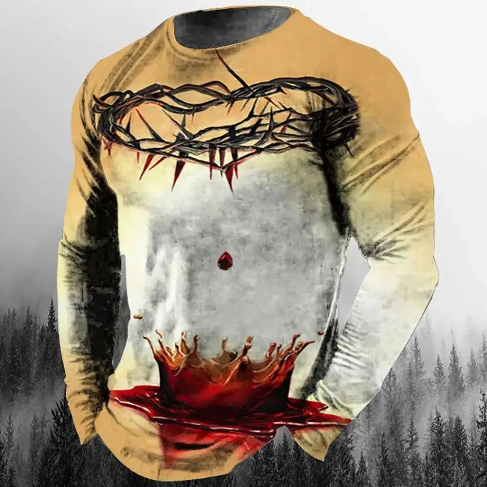 Fashion Casual Men's Long Sleeve T-Shirt 3d Printed Retro Jesus Christ Street Personality Loose O Collar Harajuku Oversized Top
